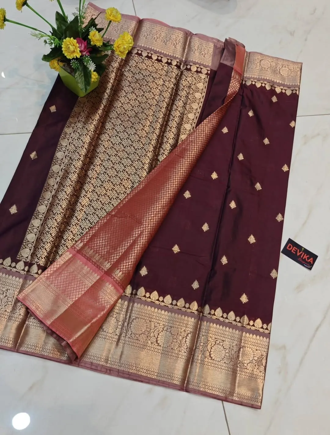 Mahogany Brown Soft Tissue Banaras Saree with Copper Zari Buttas
